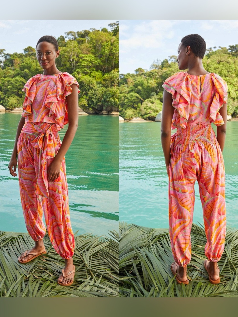 FARM Rio Bright Forest Frilled Top and Smocked Waist Pants RARE SET Size Small